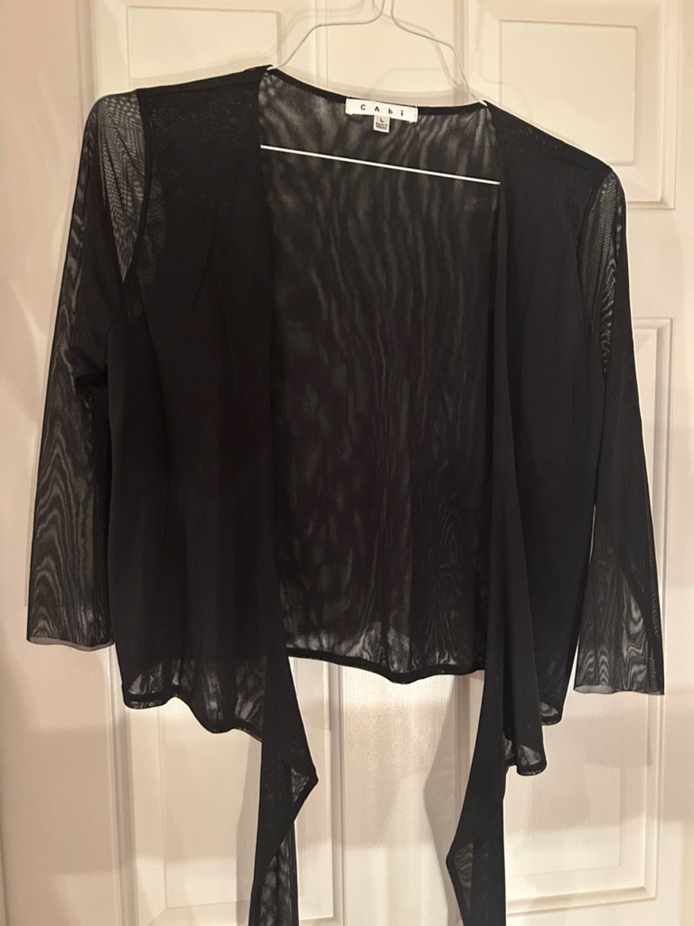 CAbi Black Sheer 3/4 Sleeve Open Front shrug.  Long wraparound ties